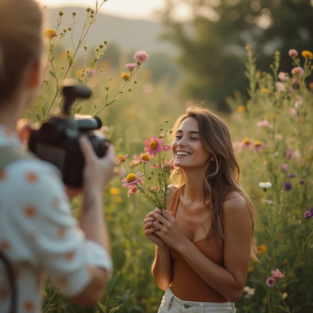 Modelka reaguje na vůni květin během focení